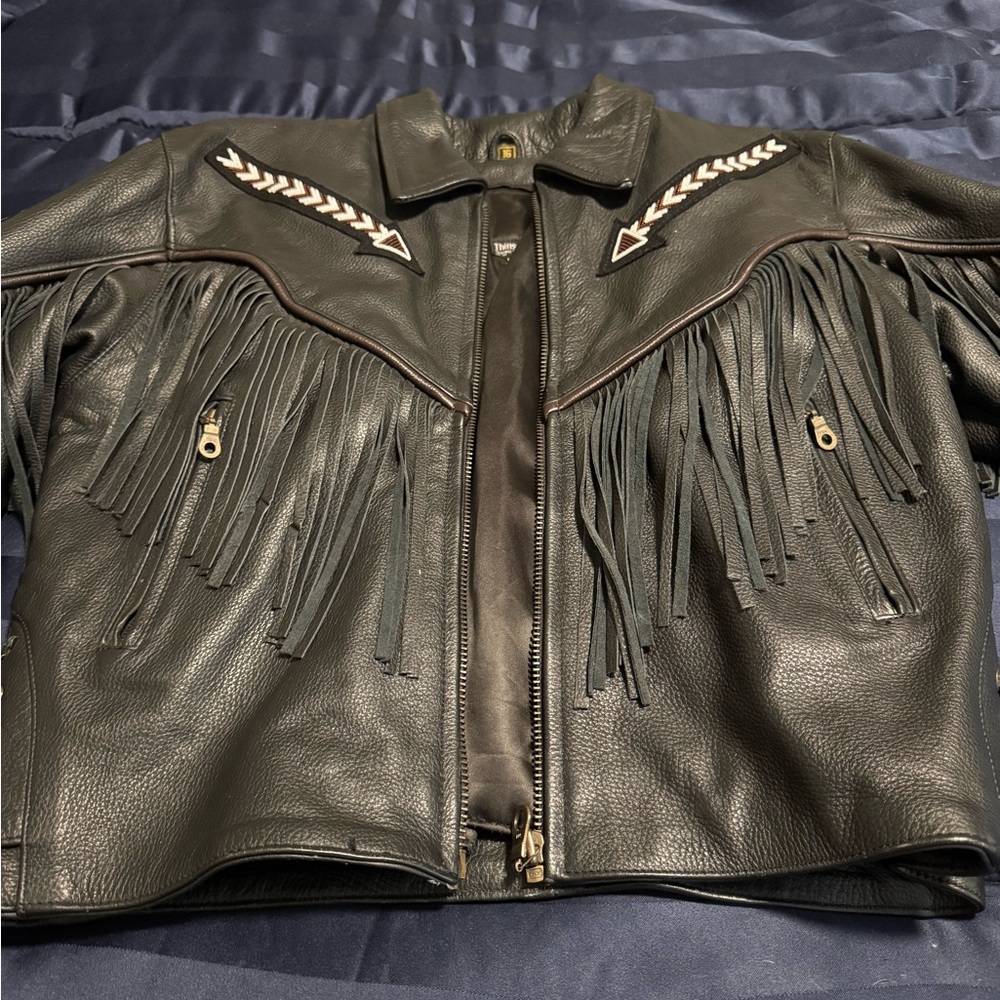 3M Thinsulate Black Leather Fringe Jacket with Arrow Appliqués